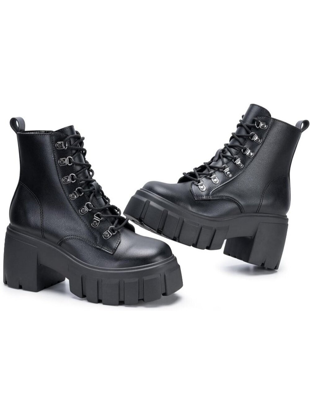 Women’s Black Rubber Lightweight Lace up Side Zipper Ankle Platform Combat Boots